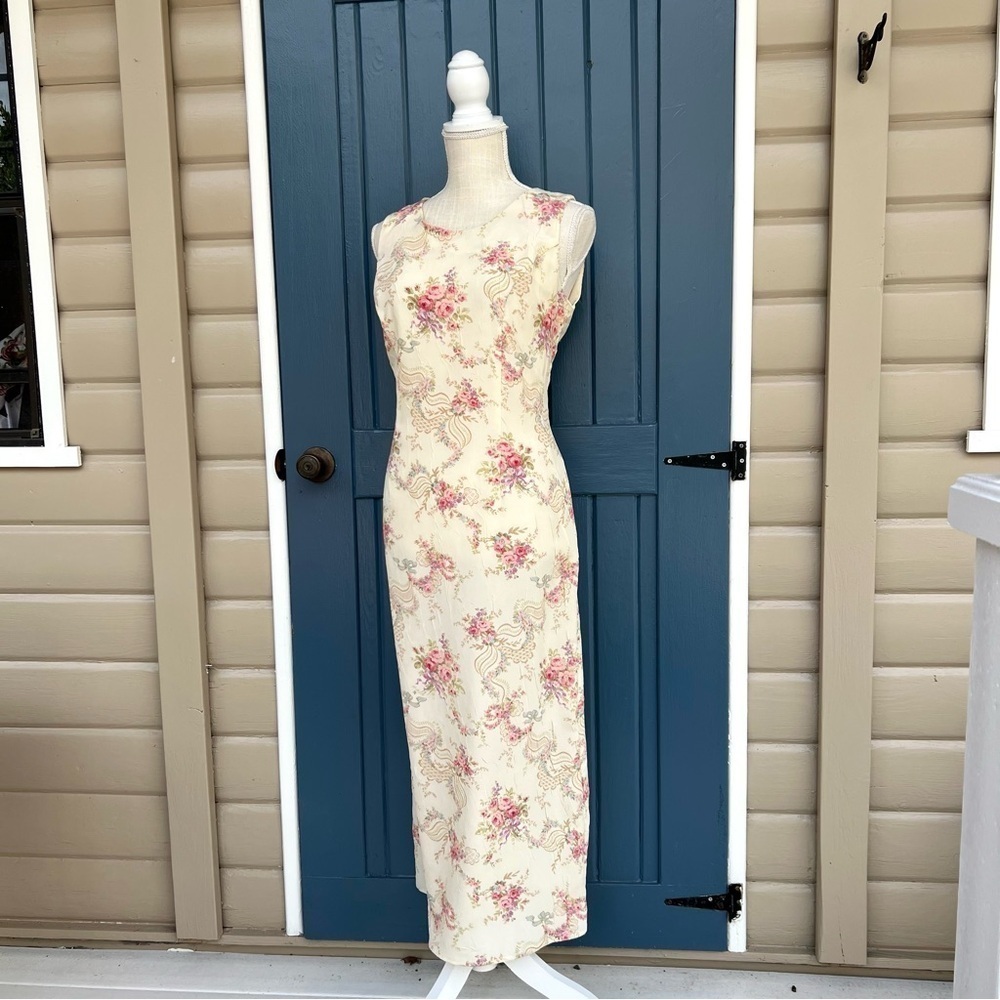 R&K 90s Vtg Dress Sleeveless Cream Floral Crinkle Textured Women  Size S…